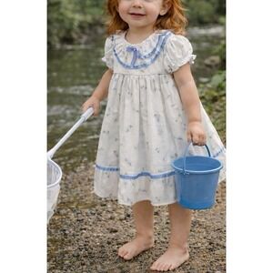 Vintage Girls Dress, Claire Bell White & Blue Dress (24 months)